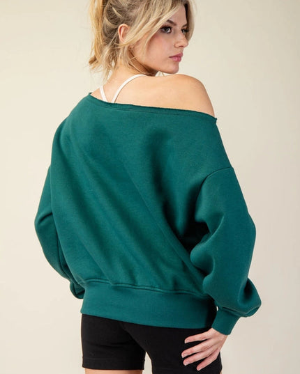 French Terry Fleece Off Shoulder Sweatshirt Hunter Green