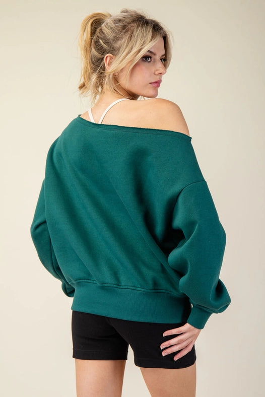 French Terry Fleece Off Shoulder Sweatshirt Hunter Green