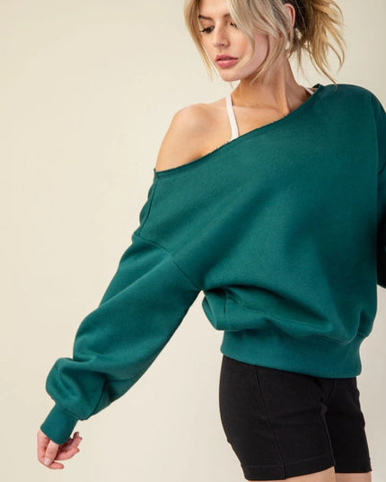 French Terry Fleece Off Shoulder Sweatshirt Hunter Green