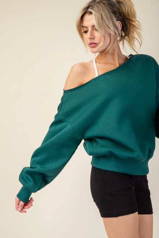 French Terry Fleece Off Shoulder Sweatshirt Hunter Green