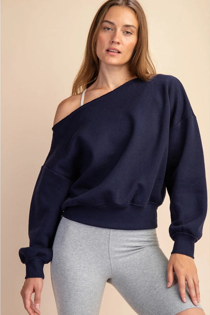 French Terry Fleece Off Shoulder Sweatshirt Navy