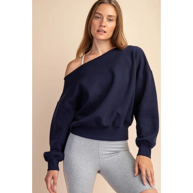 French Terry Fleece Off Shoulder Sweatshirt Navy