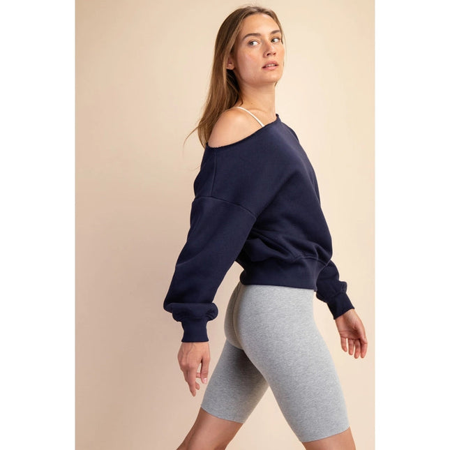 French Terry Fleece Off Shoulder Sweatshirt Navy