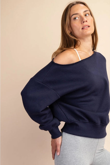 French Terry Fleece Off Shoulder Sweatshirt Navy