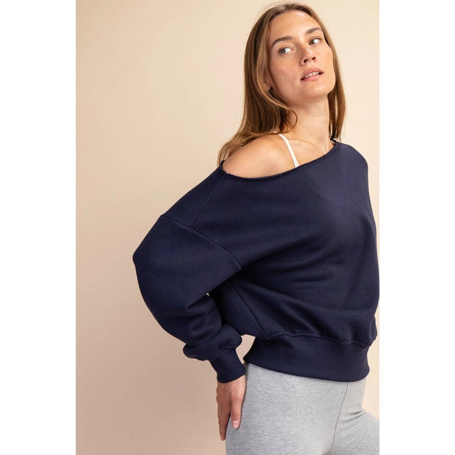 French Terry Fleece Off Shoulder Sweatshirt Navy