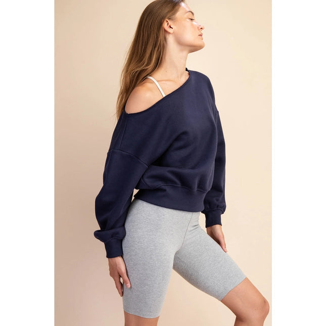 French Terry Fleece Off Shoulder Sweatshirt Navy