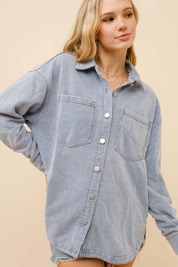 French Terry Knit Denim Wash Shirt Jacket