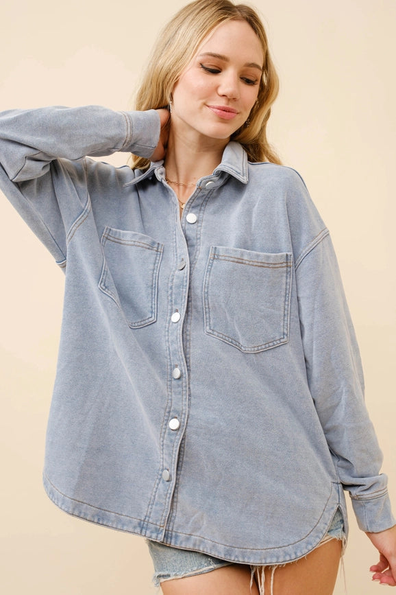 French Terry Knit Denim Wash Shirt Jacket