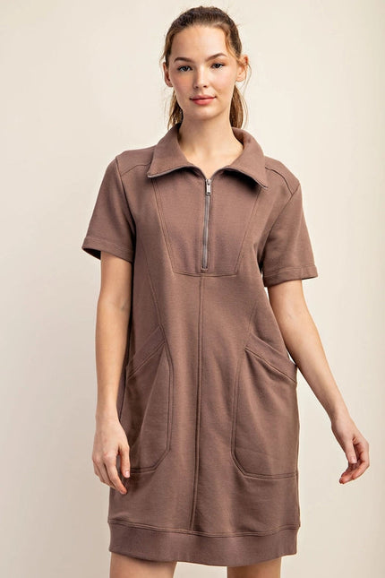 French Terry Short Sleeve Quarter Zip Dress with Collar