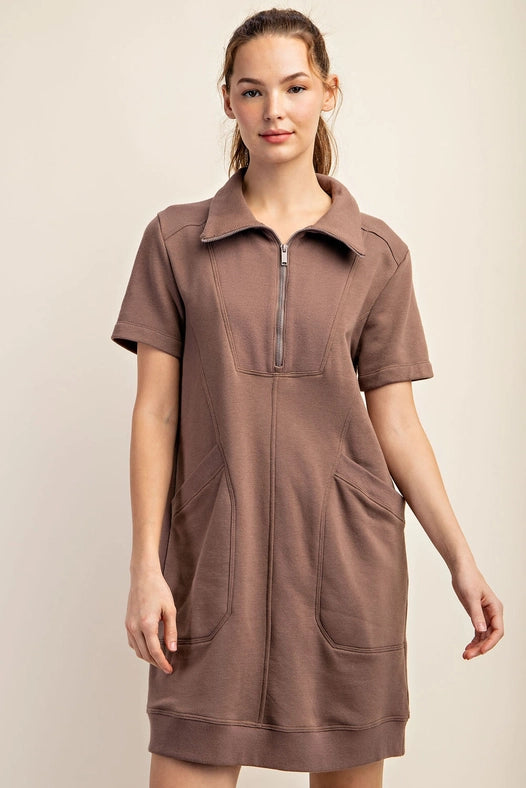 French Terry Short Sleeve Quarter Zip Dress with Collar