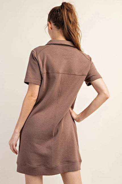 French Terry Short Sleeve Quarter Zip Dress with Collar