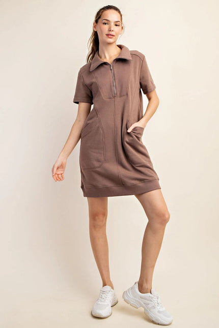 French Terry Short Sleeve Quarter Zip Dress with Collar