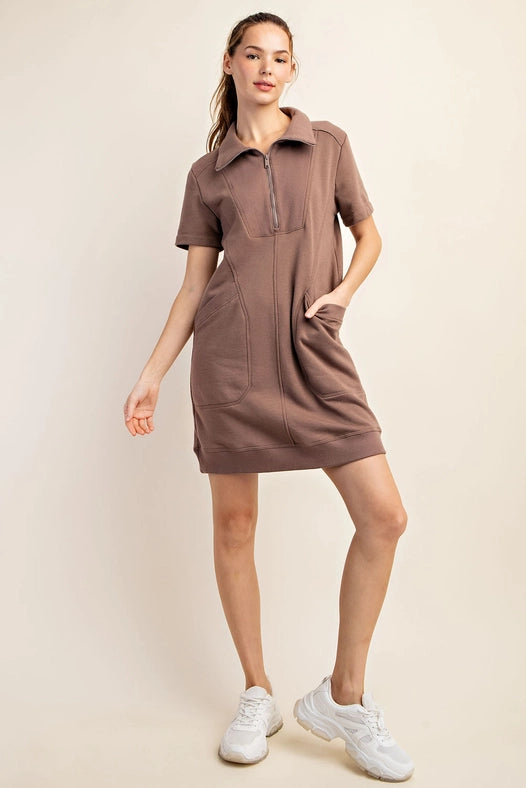 French Terry Short Sleeve Quarter Zip Dress with Collar