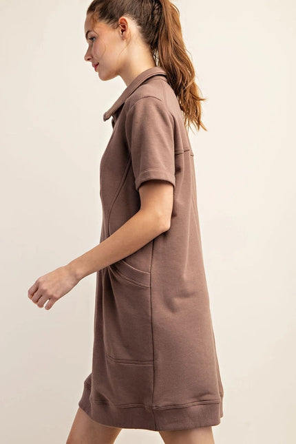 French Terry Short Sleeve Quarter Zip Dress with Collar