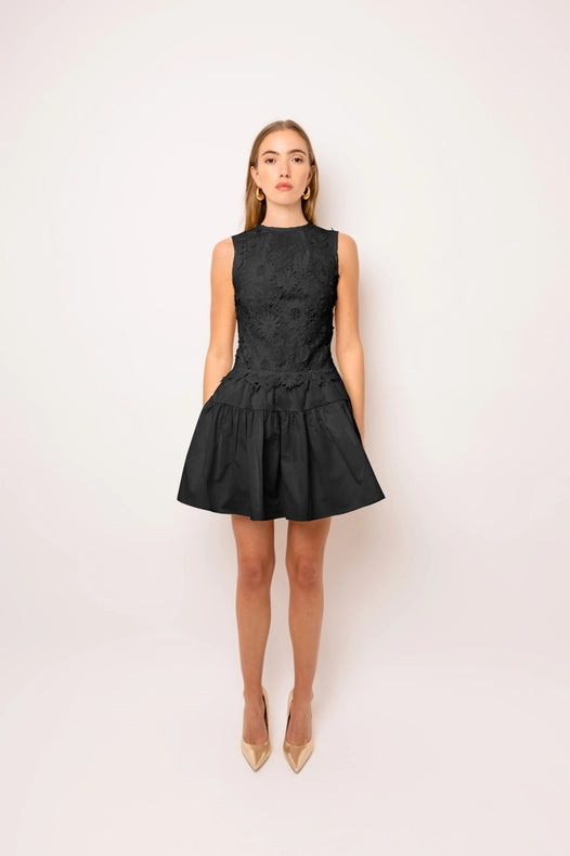 Frida Sleeveless Keyhole Crochet Cotton Mini Dress Black