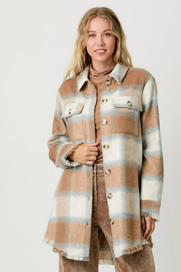 Fringe Detailed Long Plaid Jacket