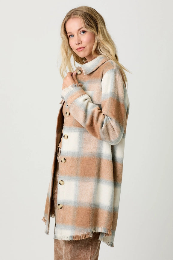 Fringe Detailed Long Plaid Jacket