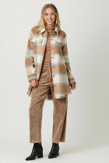 Fringe Detailed Long Plaid Jacket