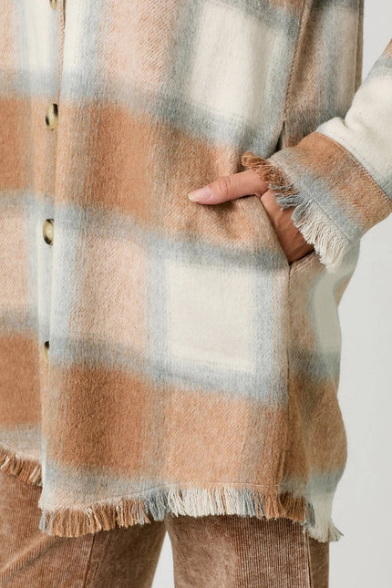 Fringe Detailed Long Plaid Jacket