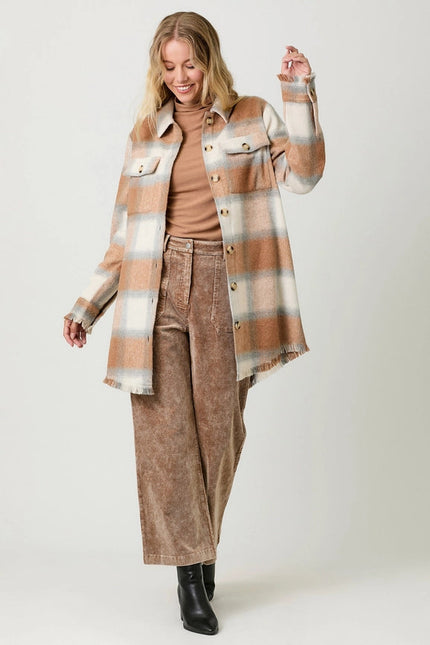 Fringe Detailed Long Plaid Jacket