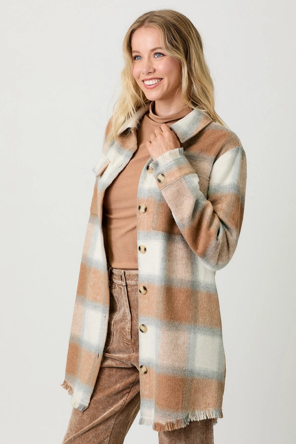 Fringe Detailed Long Plaid Jacket