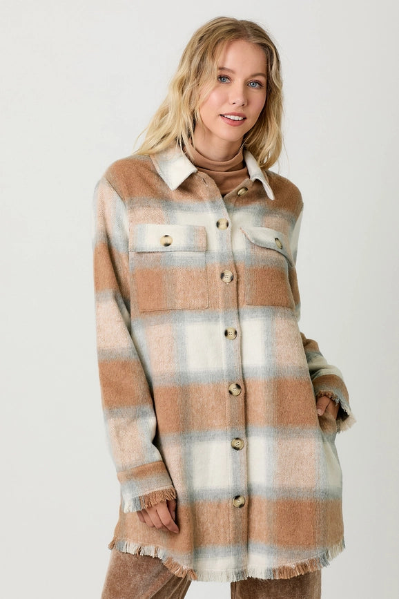 Fringe Detailed Long Plaid Jacket