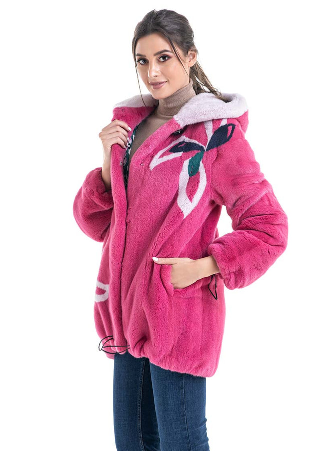 Fuchsia Floral Patterned Genuine Hooded Mink Fur Coat-0