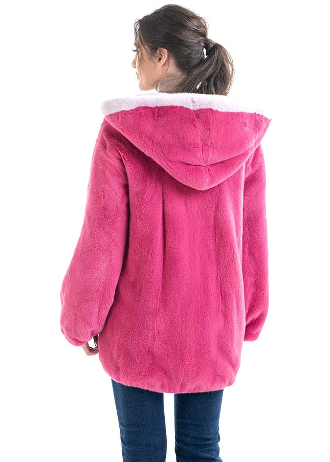 Fuchsia Floral Patterned Genuine Hooded Mink Fur Coat-1