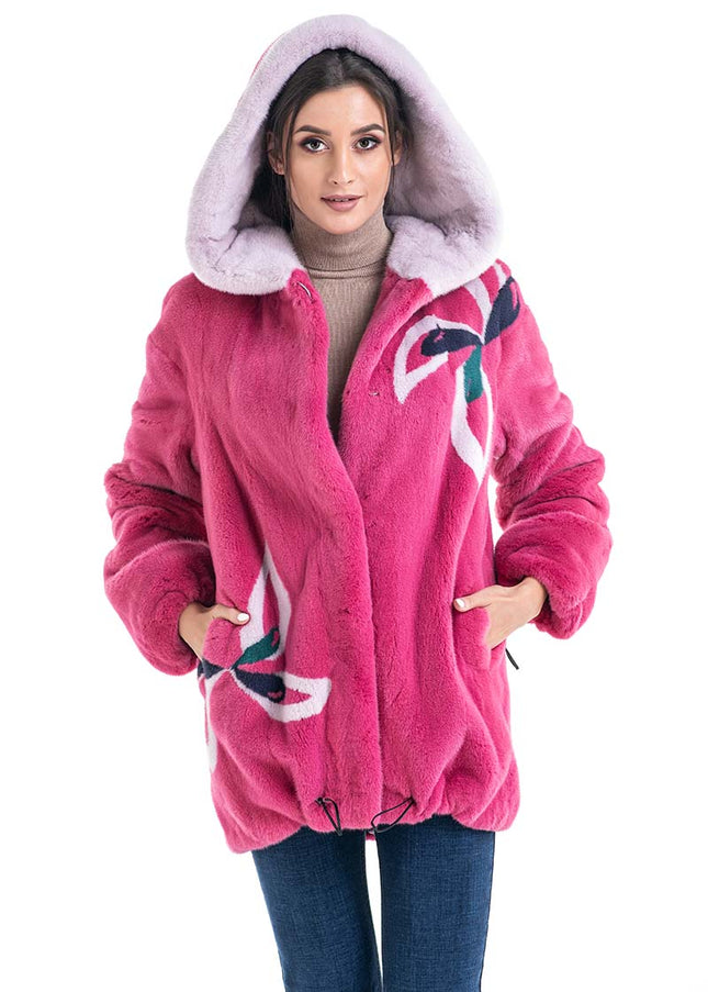 Fuchsia Floral Patterned Genuine Hooded Mink Fur Coat-2