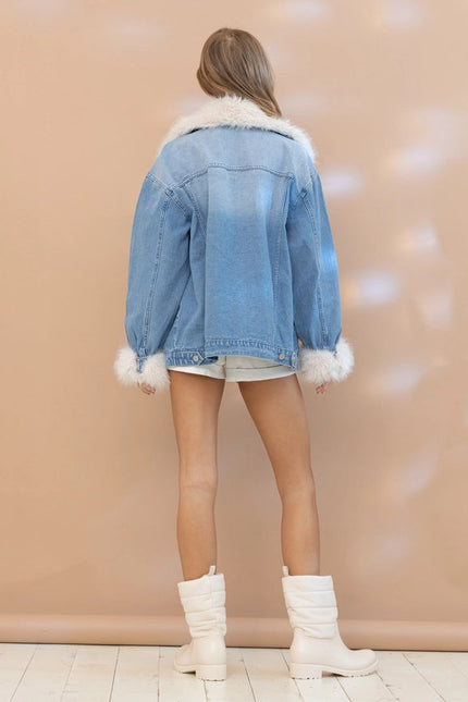 Fur Collard Cuff Over Sized Washed Denim Jacket