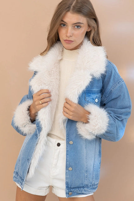 Fur Collard Cuff Over Sized Washed Denim Jacket