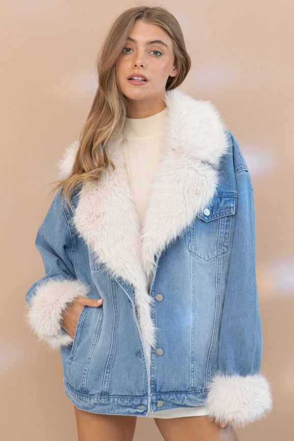 Fur Collard Cuff Over Sized Washed Denim Jacket