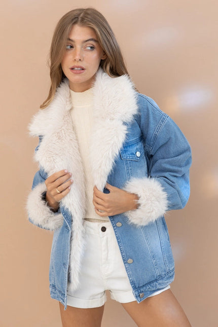 Fur Collard Cuff Over Sized Washed Denim Jacket