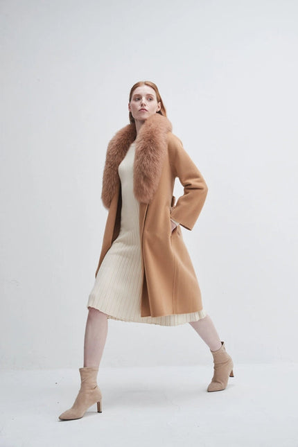 Fur Shawl Collar Cashmere Coat Camel