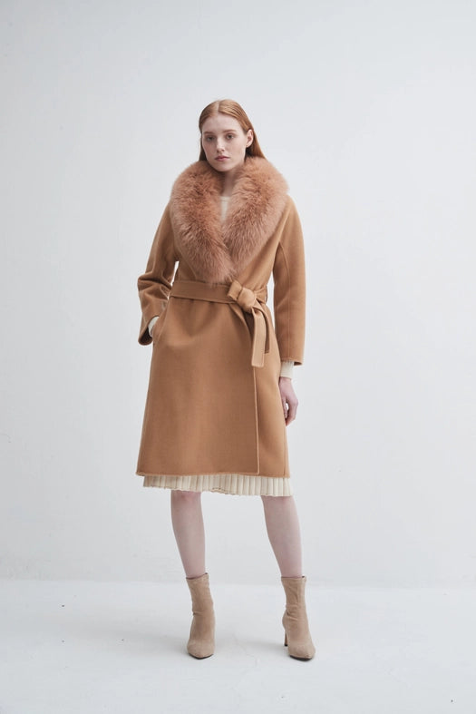 Fur Shawl Collar Cashmere Coat Camel