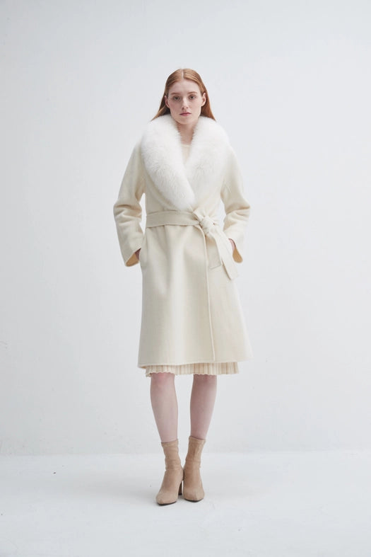 Fur Shawl Collar Cashmere Coat Ivory