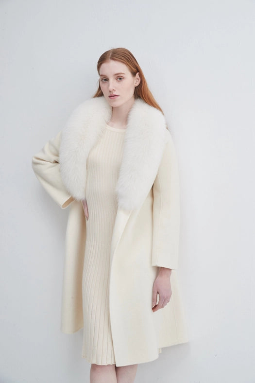 Fur Shawl Collar Cashmere Coat Ivory