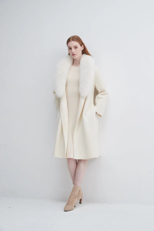 Fur Shawl Collar Cashmere Coat Ivory