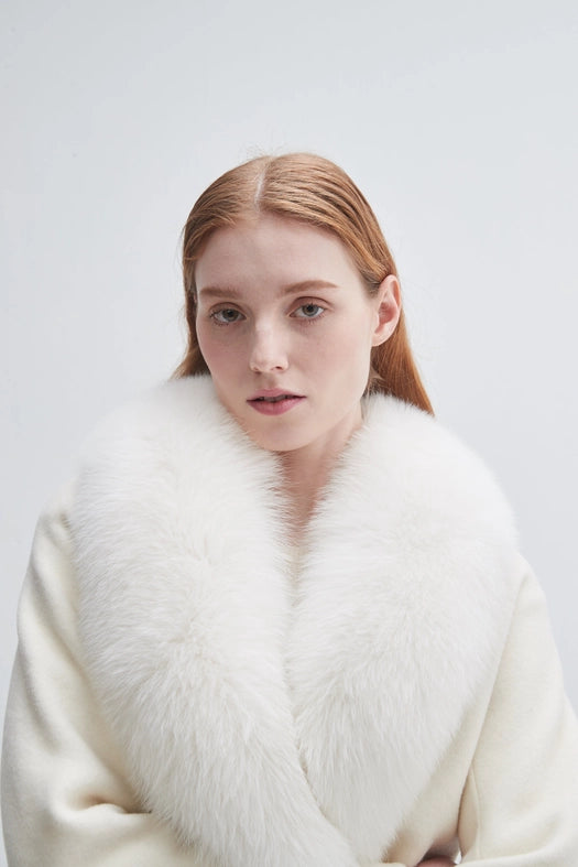 Fur Shawl Collar Cashmere Coat Ivory