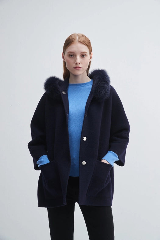 Fur Trim Hooded Cashmere Jacket