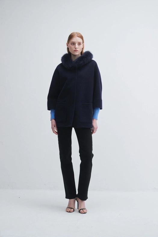 Fur Trim Hooded Cashmere Jacket