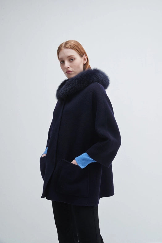 Fur Trim Hooded Cashmere Jacket