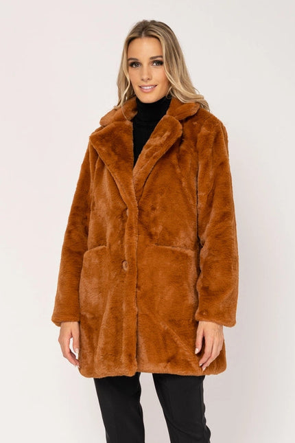 Fur coat with pocket and buttons CAMEL