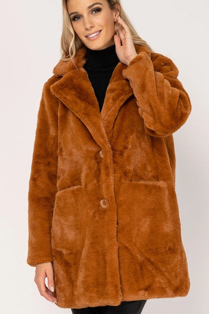 Fur coat with pocket and buttons CAMEL