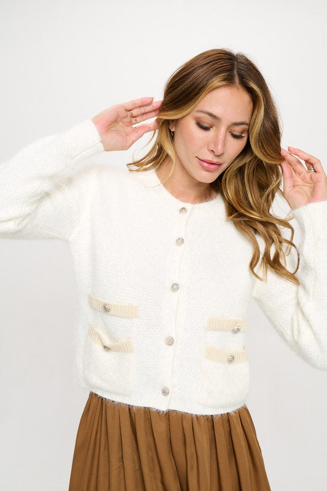 Fuzzy Long Sleeve Cardigan with Two Pockets Detail and Buttons-0