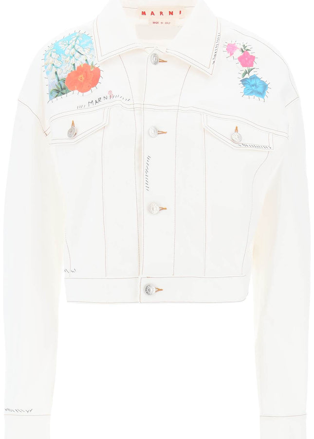 Marni "cropped denim jacket with flower patches and embroidery"