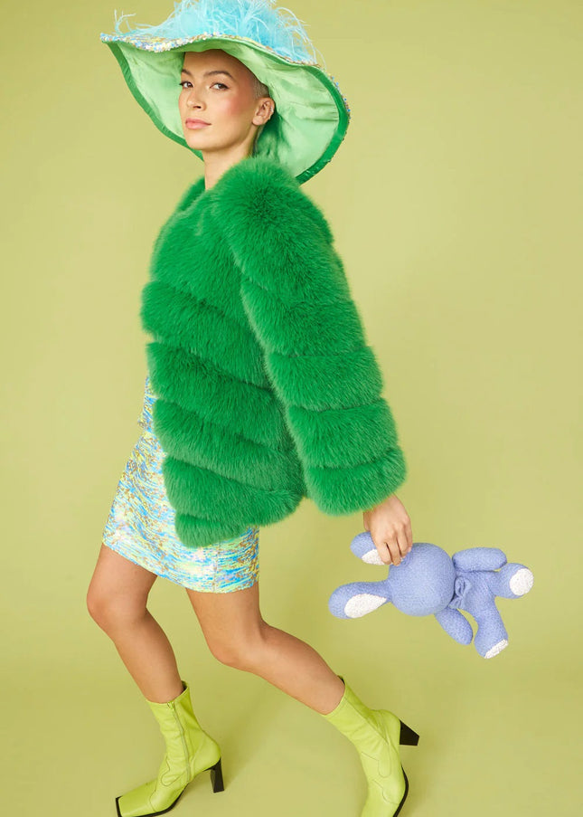 Gaga Faux Fur Striped Green Coat-2