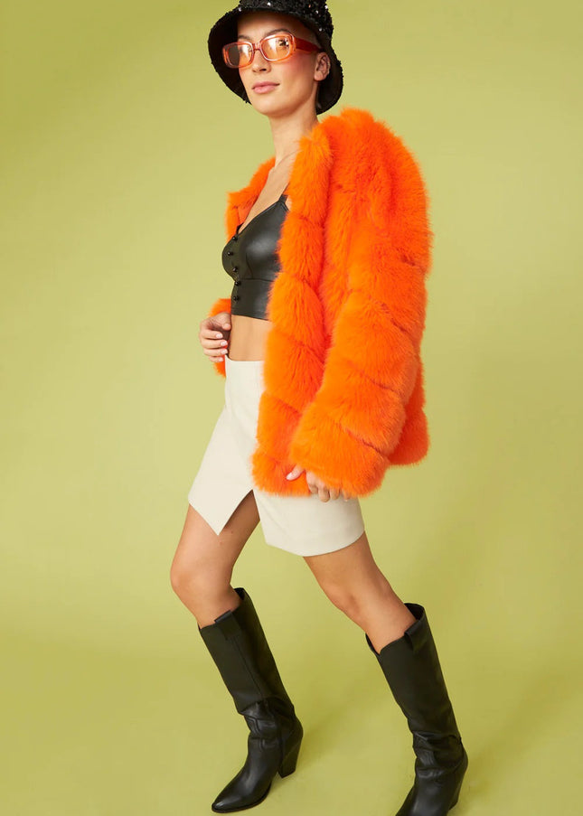 Gaga Faux Fur Striped Orange Coat-3