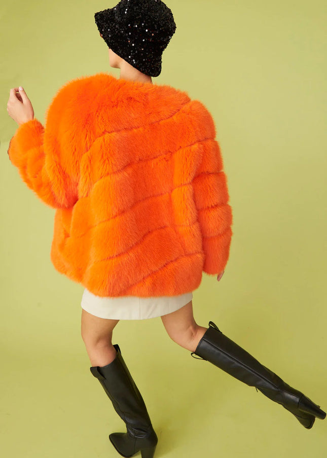 Gaga Faux Fur Striped Orange Coat-4