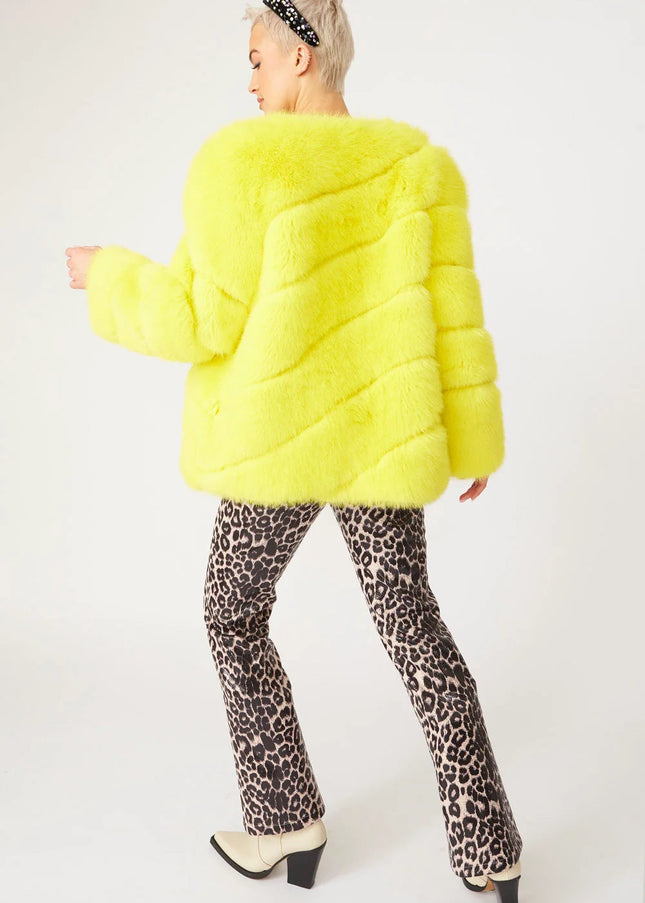 Gaga Faux Fur Striped Yellow Coat-3